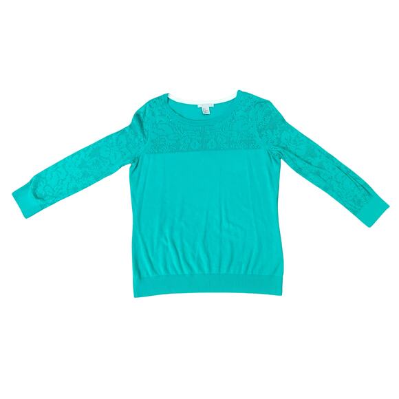 H&M Teal Lace Detail Yoke 3/4 Sleeve Knit Top Light Sweater size M Cotton Blend - Picture 5 of 9